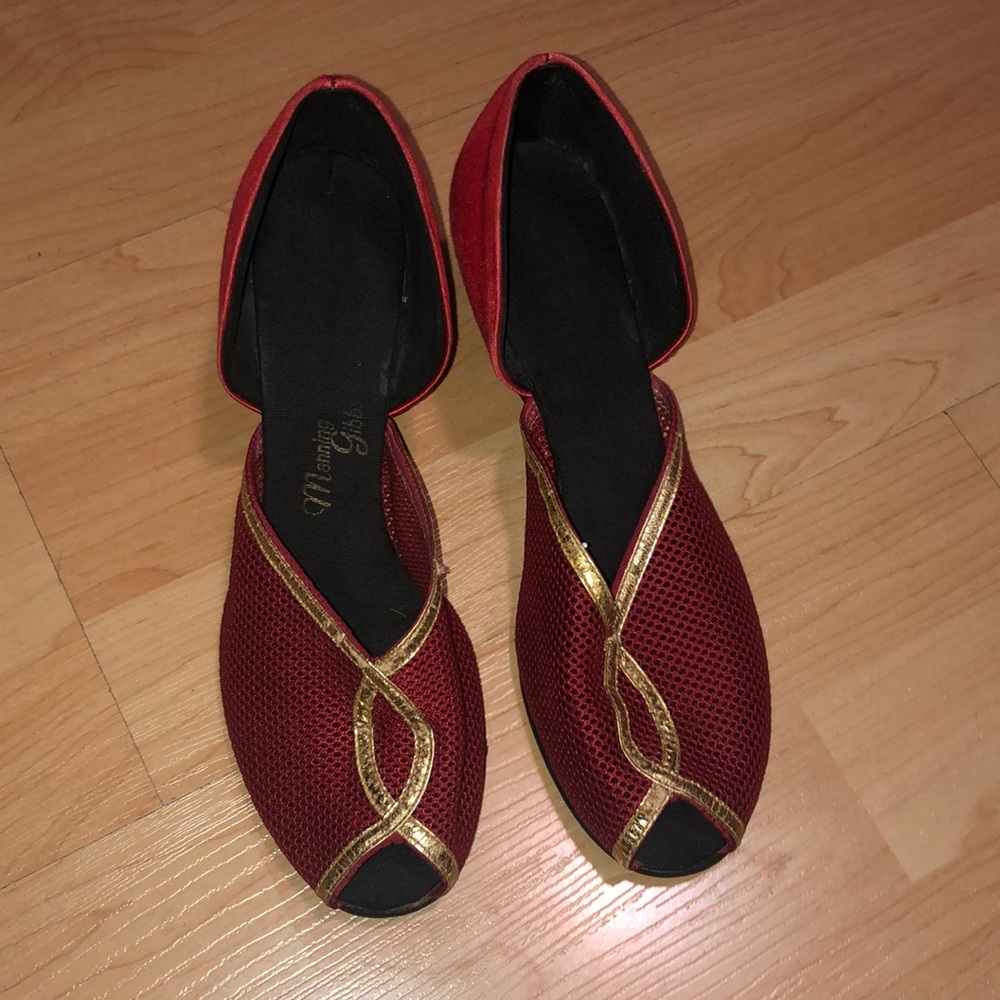 1940s vintage red satin and mesh w/ gold wedges
